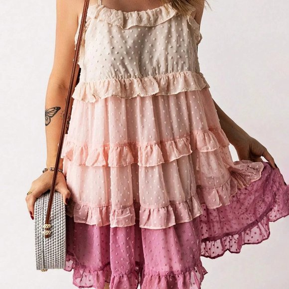 Multicolor Boho Womens Swiss Dot Ruffle Trim Layered Hem Cami Dress - Picture 4 of 5